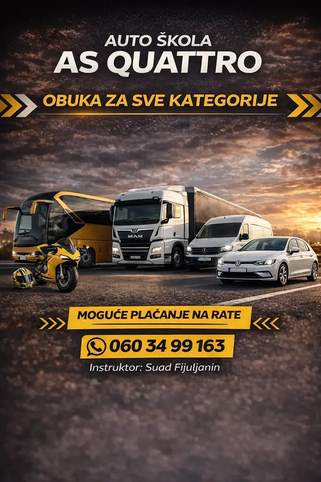 Promotivni plakat auto škole AS QUATTRO — obuka za sve kategorije: autobus, kamion, kombi, osobno vozilo i motocikl, moguće plaćanje na rate